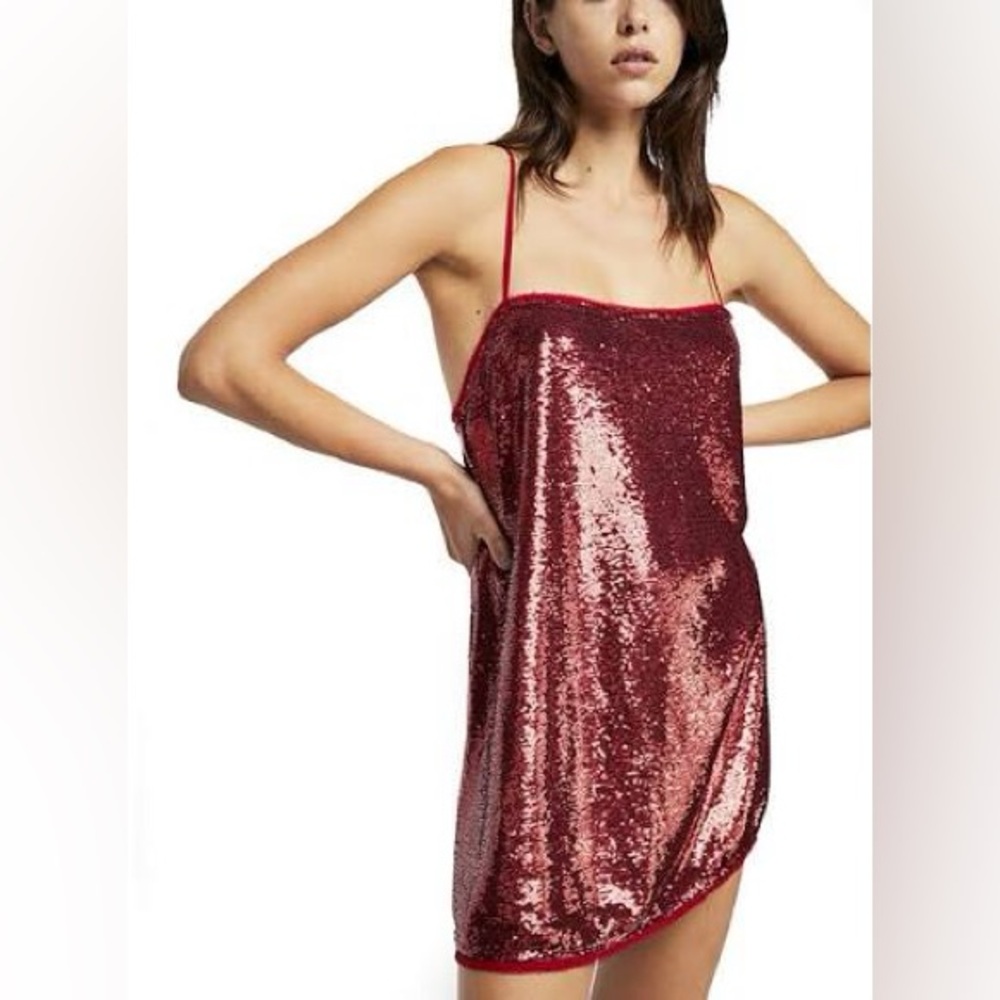 ✨ FREE PEOPLE • Time to Shine Crimson Red Sequin Mini Slip Dress